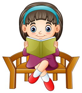坐在椅子上看书的小女孩的矢量插图