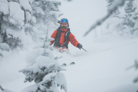 滑雪 freerider 在森林和山脉的背景下从粉雪骑乘