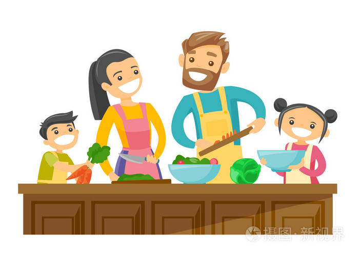 白种白人父母和孩子一起做饭