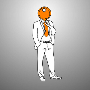 商人与橙色钥匙在他的头矢量插图涂鸦手绘素描手绘制黑色线在灰色背景。企业成功理念