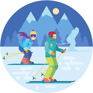 卡通滑雪者在山的矢量插画。滑雪运动员在滑雪服中运动的角色。滑雪板上的微笑男人
