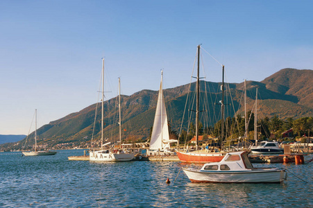 在阳光明媚的日子, 海边村庄附近的水面上有游艇和渔船。黑山, Kotor 湾 亚得里亚海, 蒂瓦特