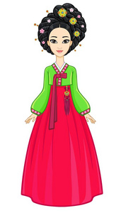 穿着古代西装的年轻韩国女孩的动画肖像。 全面增长。 在白色背景上隔离的矢量插图。