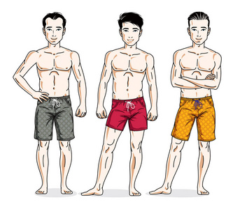 英俊的男人成群结队地站着，穿着海滩短裤。 向量不同的人字符集。