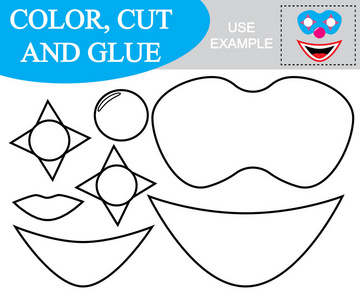 创设小丑面具的形象..工作单。色，切割和打胶..儿童游戏。
