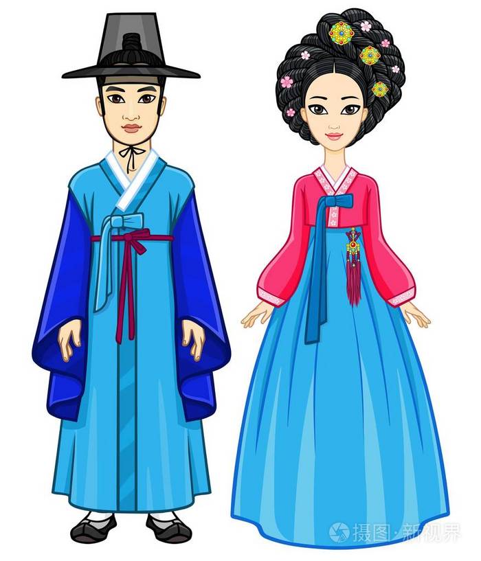 插画 古代传统服装中年轻美丽的韩国家庭的动画肖像.全面增长.