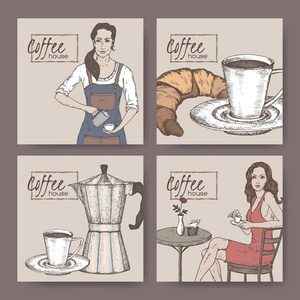 四色咖啡屋标签, 咖啡壶, 莫卡锅, 牛角面包和女士客户