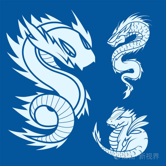 中国龙剪影纹身神话尾巴怪兽魔术图标亚洲动物艺术矢量插画