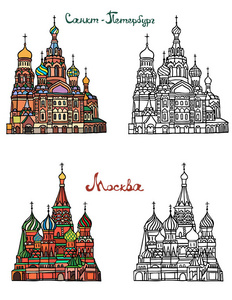 莫斯科红场的圣 Basils 大教堂。圣彼得堡, 洒血的救世主教堂。俄罗斯建筑。颜色与黑白矢量插图的著名建筑