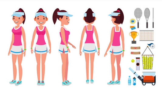 女孩网球运动员向量。运动制服玩网球拍的球员。在行动。孤立的平面卡通人物插图