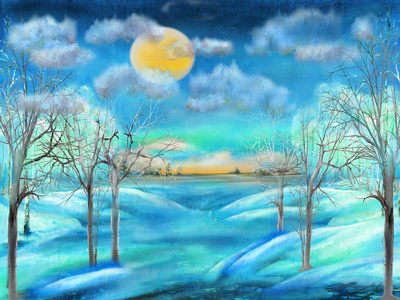 月圆之夜冬景油画