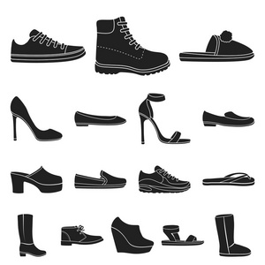 各种鞋的黑色图标集为设计收藏。靴子, 运动鞋矢量符号股票网页插图