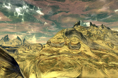外星人星球岩石和天空。3d 渲染