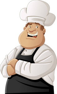 胖胖的卡通厨师拿着比萨饼