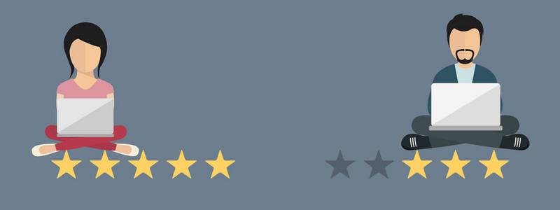 客户服务说明评分。网站评级反馈和审查概念。坐在大星星上的人。正面和负面反馈。平面矢量图