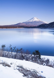 冬季降雪的富士山和莫托苏湖