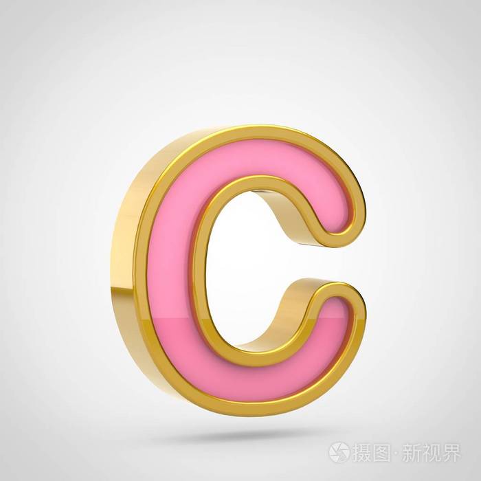 白色背景大写字母c上带有金色轮廓的粉红色字体的三维