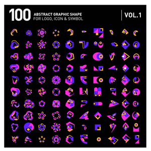 标志和图标超级收藏。 设置0f100彩色抽象几何标志和图标