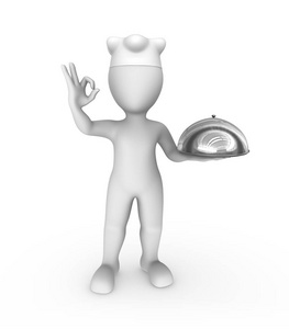 3D白色厨师，手拿托盘，显示OK手势
