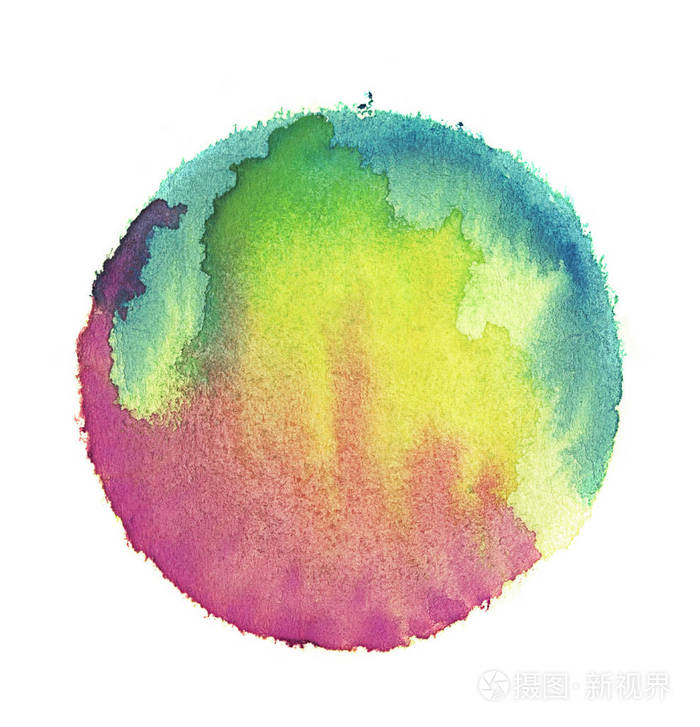 彩色水彩球. 抽象绘画. 蓝色,绿色,黄色和洋红色油漆.