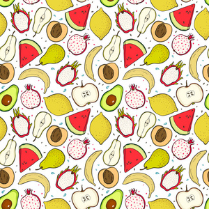 明亮的夏天果子 西瓜, 苹果, 梨, 柠檬, 石榴石, 鳄梨, 香蕉。无缝矢量模式背景
