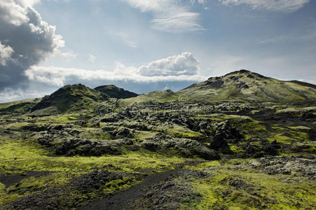 冰岛拉卡吉加地区布满苔藓的岩石间的小路