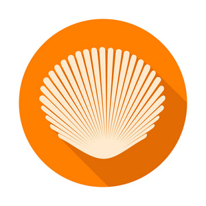 贝壳.橙色圆形背景上有长阴影的平面图标。平面设计风格。矢量插图。Eps10