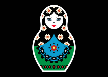 俄罗斯嵌套娃娃 matrioshka, 标签图标俄罗斯, 矢量孤立或黑色背景