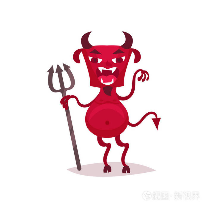 愤怒的魔鬼与三叉戟红色恶魔卡通人物矢量插图