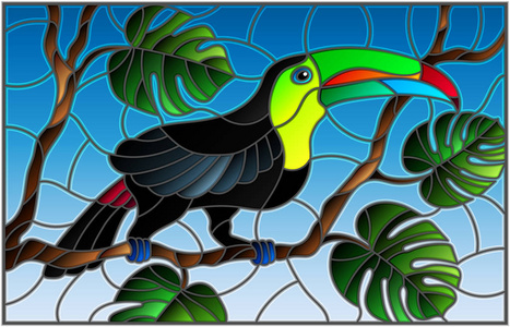 彩色玻璃风格的插图鸟鸟在树枝上的热带树上的天空