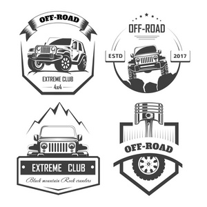 离路4x4极端汽车俱乐部标志模板。 带有车轮轮胎和发动机活塞的越野车或卡车的矢量符号和图标，用于山地或岩石爬行器俱乐部