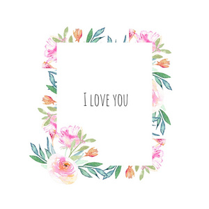 水彩粉嫩的田野康乃馨玫瑰蓝绿的枝干画在白色背景上的爱情卡片图案