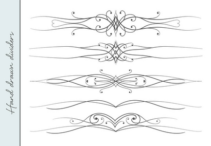 美丽的矢量手绘精美大方, 文字分隔, 图形设计元素集。设计艺术边框的婚礼请柬, 文档页面装饰。优雅的书法漩涡, 精致的图案点缀