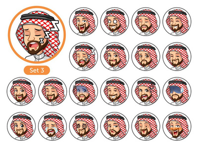 第三套沙特阿拉伯人卡通人物设计，化身不同的面部情绪和表情，哭泣，睡眠，愤怒，尴尬，恐惧，胜利，困惑，恐惧等。 矢量图。