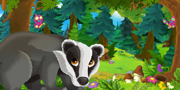 森林中有快乐和有趣的浣熊的卡通场景儿童插图