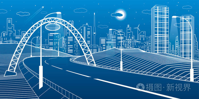 现代夜城霓虹灯城 基础设施说明城市场景 蓝色背景上的白色线条.