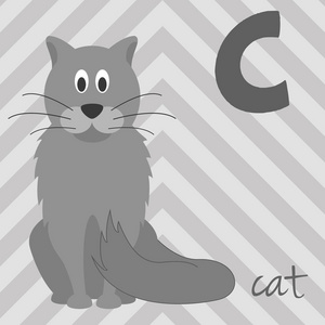 逗人喜爱的卡通动物园图解字母与滑稽的动物 C 为猫。英语字母表。学会阅读。孤立向量图