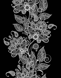 无缝图案。 灿烂的花边风格的花。 开放式编织精致的佩斯利。 单色巫术开卷。