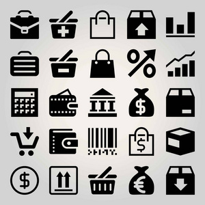 业务向量图标集。购物车, 袋子, 百分比和硬币
