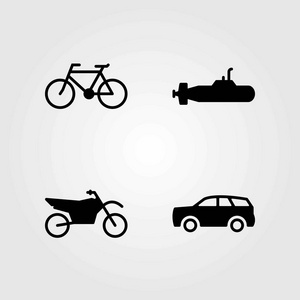 传输矢量图标设置。潜水艇, 运动自行车和自行车