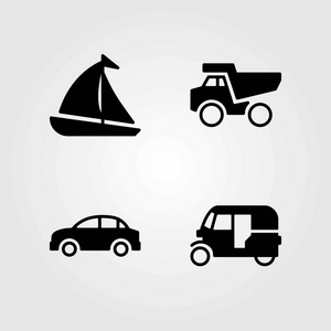 传输矢量图标设置。三轮三轮车, 帆船和汽车