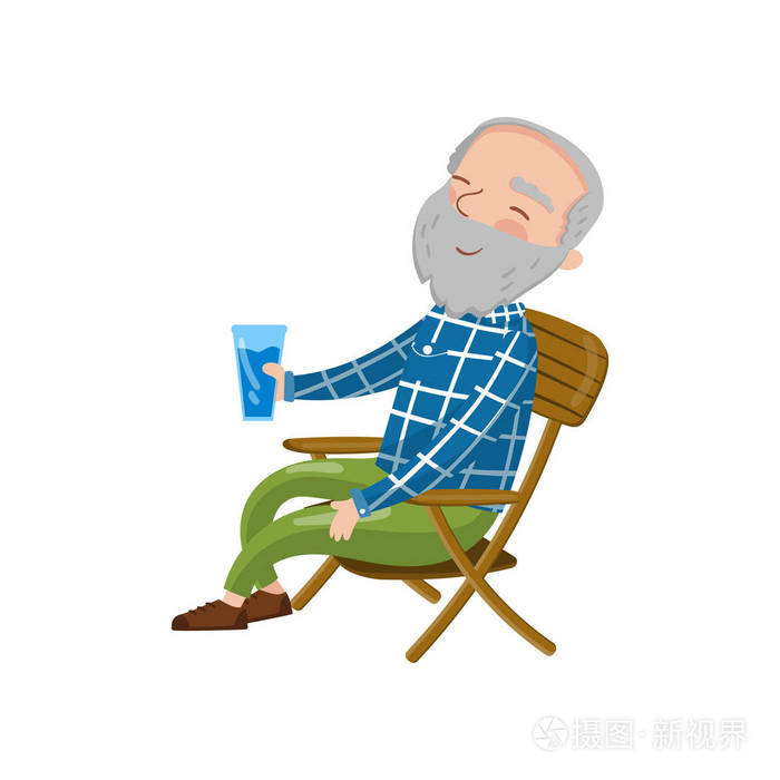 快乐微笑的爷爷坐在椅子上喝酒, 卡通矢量插画