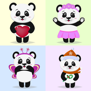 一组可爱的熊猫人物在不同的图像中的卡通风格