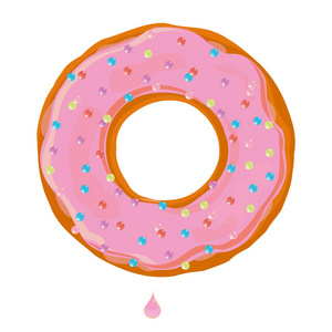 甜甜圈在白色背景上的粉红色釉圈。矢量