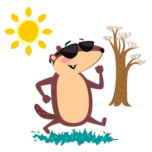 快乐土拨鼠天设计与逗人喜爱的土拨鼠在太阳镜下散步公园, 天气预报, 动物爬出地面洞穴后越冬, 猪 gipernation 矢量插