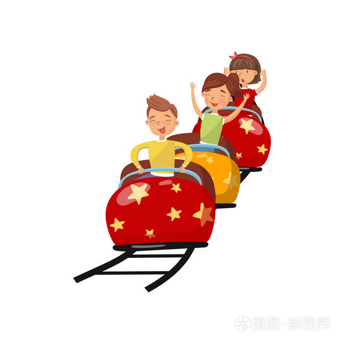 快乐的人骑过山车在游乐园卡通矢量插图