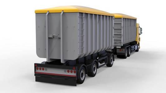 大黄色卡车与分开的拖车, 为运输农业和大厦散装材料和产品。3d 渲染