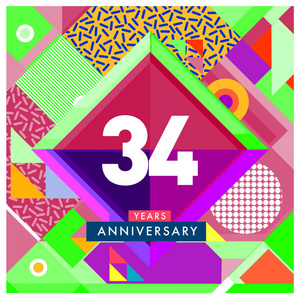 34年贺卡周年纪念，有五颜六色的数字和框架。 标志和图标与孟菲斯风格封面和设计模板