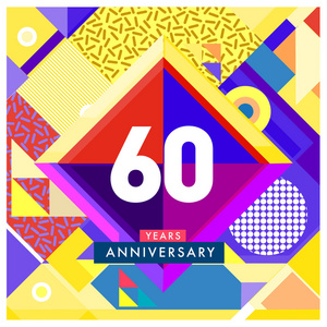 60年贺卡周年纪念，有五颜六色的数字和框架。 标志和图标与孟菲斯风格封面和设计模板