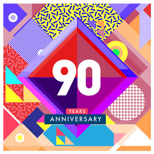 90年贺卡周年纪念，有五颜六色的数字和框架。 标志和图标与孟菲斯风格封面和设计模板